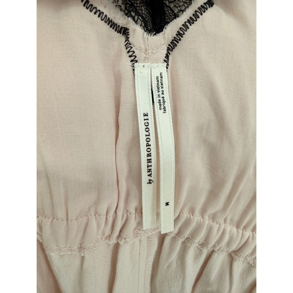 Anthropologie Satin Lace Wrap Dress Midi Pink Black Trim Tie‎ Waist  Women's M - Picture 9 of 9